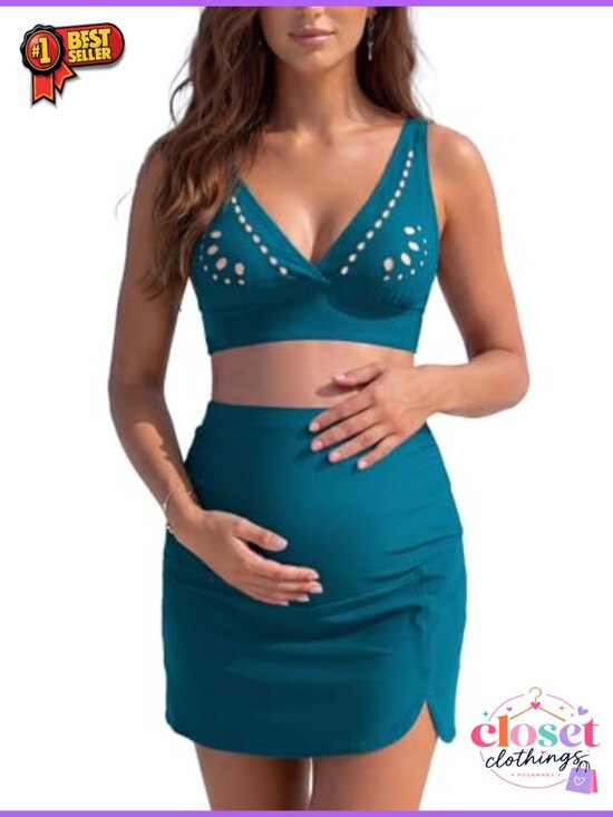Other - Maternity 2 Piece Bikini Set V Neck Swim Top Pregnancy Skirt Bottom